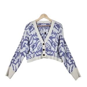 NEW Sonoma Cropped Cardigan Sweater L Violet Ivory Abstract Long Sleeve Button